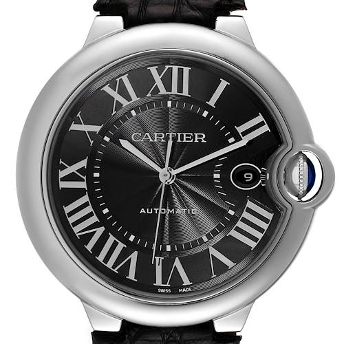 The Cartier Ballon Bleu watch is shown from a front angle, displaying the face, roman numerals, and the crown.